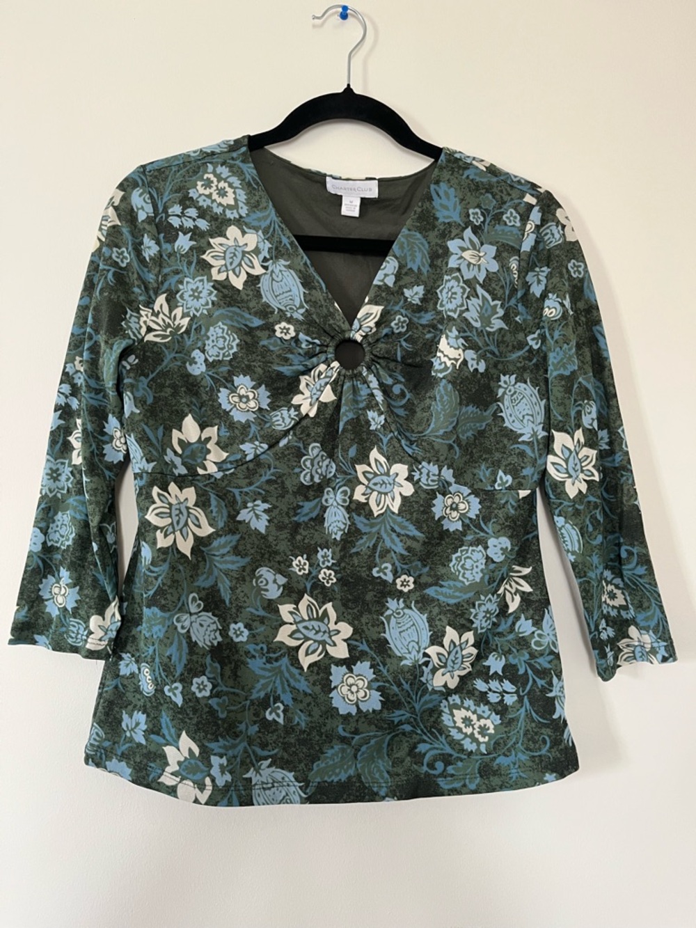 Floral Babydoll Top Medium Green Blue 3/4 Sleeve Modest Y2K Inspired Cottage